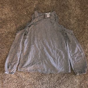 Navy + white checkered shirt w/ shoulder cutouts.